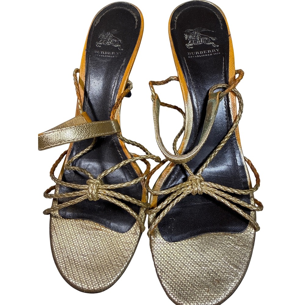 Burberry Metallic Gold Braided Strappy Kitten Heel Sandals Made in Italy 39.5